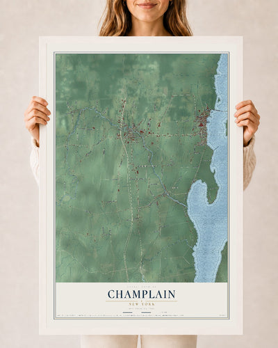 Champlain, New York map print, 24" x 36" W/ White Ayous Wood Frame mockup