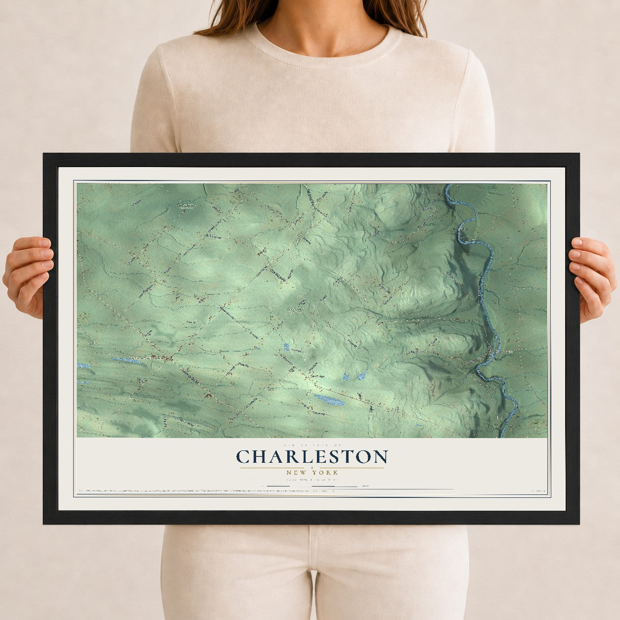 Charleston, New York map print, 12" x 18" W/ Black Ayous Wood Frame mockup