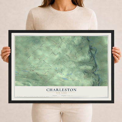 Charleston, New York map print, 12" x 18" W/ Black Ayous Wood Frame mockup