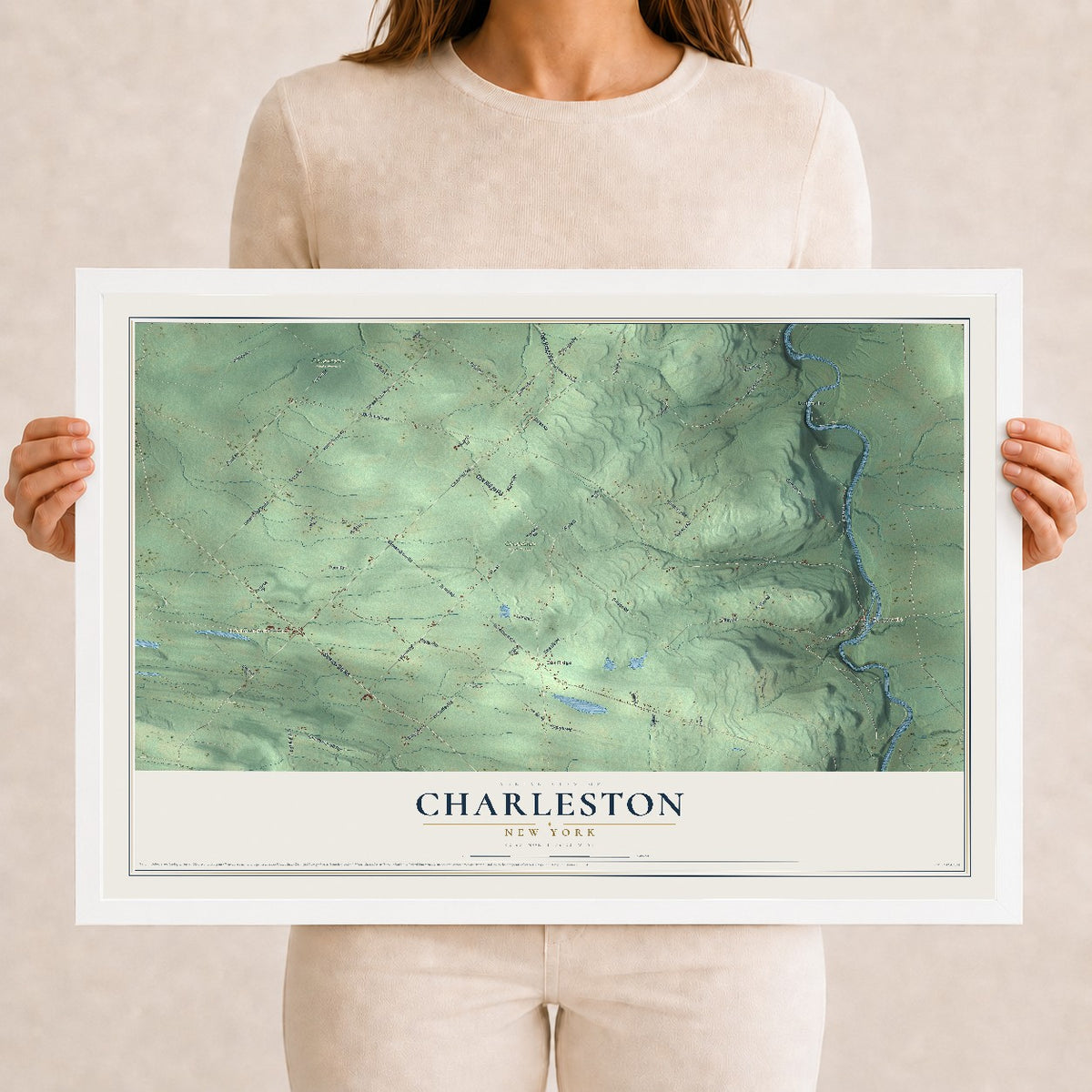 Charleston, New York map print, 12" x 18" W/ White Ayous Wood Frame mockup