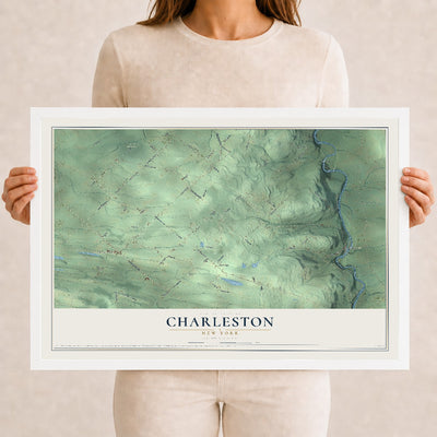 Charleston, New York map print, 12" x 18" W/ White Ayous Wood Frame mockup