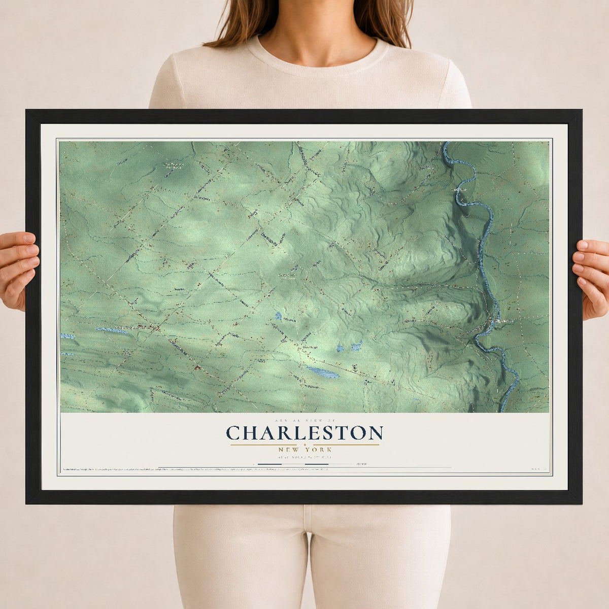 Charleston, New York map print, 18" x 24" W/ Black Ayous Wood Frame mockup