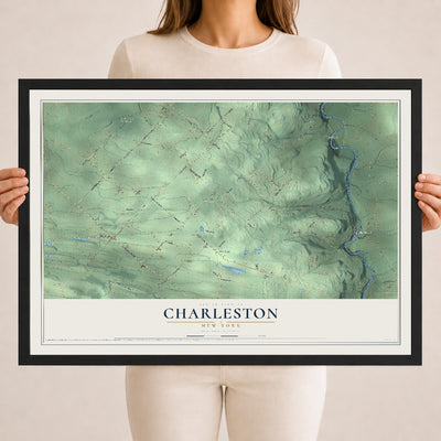 Charleston, New York map print, 18" x 24" W/ Black Ayous Wood Frame mockup