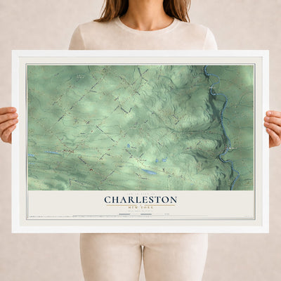 Charleston, New York map print, 18" x 24" W/ White Ayous Wood Frame mockup