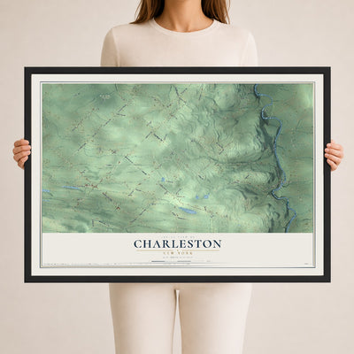 Charleston, New York map print, 24" x 36" W/ Black Ayous Wood Frame mockup