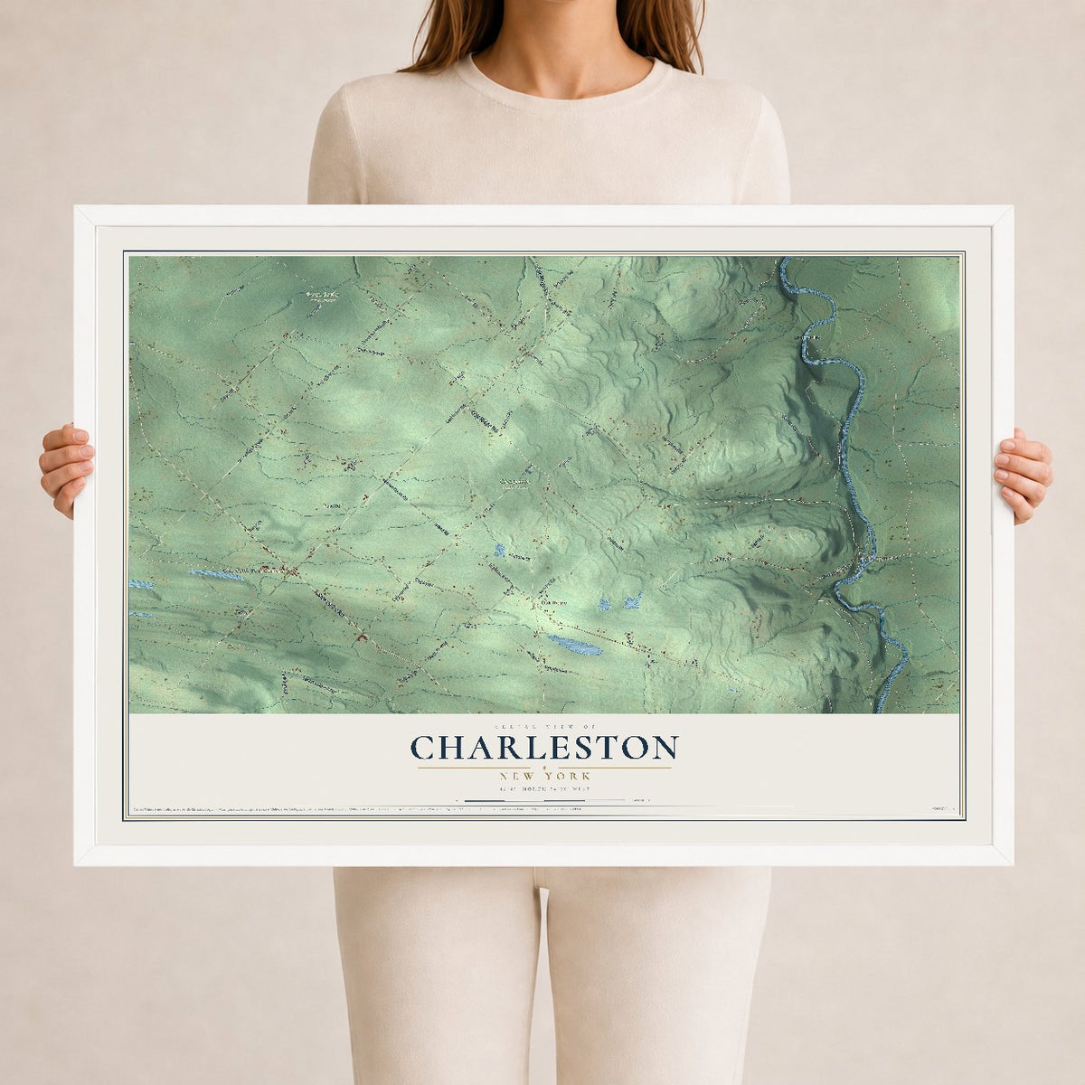 Charleston, New York map print, 24" x 36" W/ White Ayous Wood Frame mockup