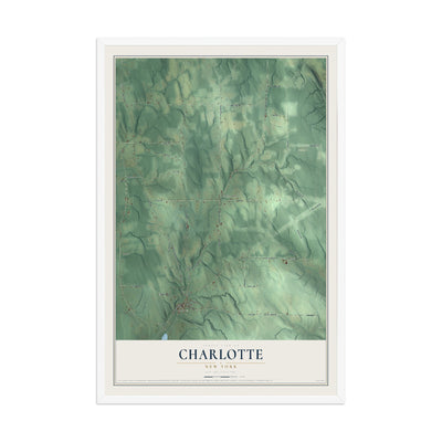 Charlotte, New York map print, 12" x 18" W/ White Ayous Wood Frame mockup