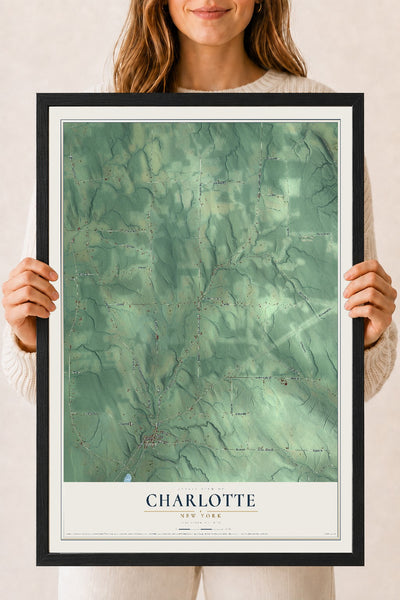 Charlotte, New York map print, 18" x 24" W/ Black Ayous Wood Frame mockup
