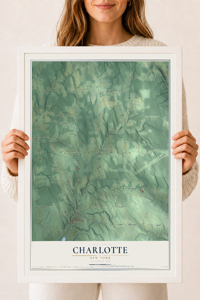Charlotte, New York map print, 18" x 24" W/ White Ayous Wood Frame mockup