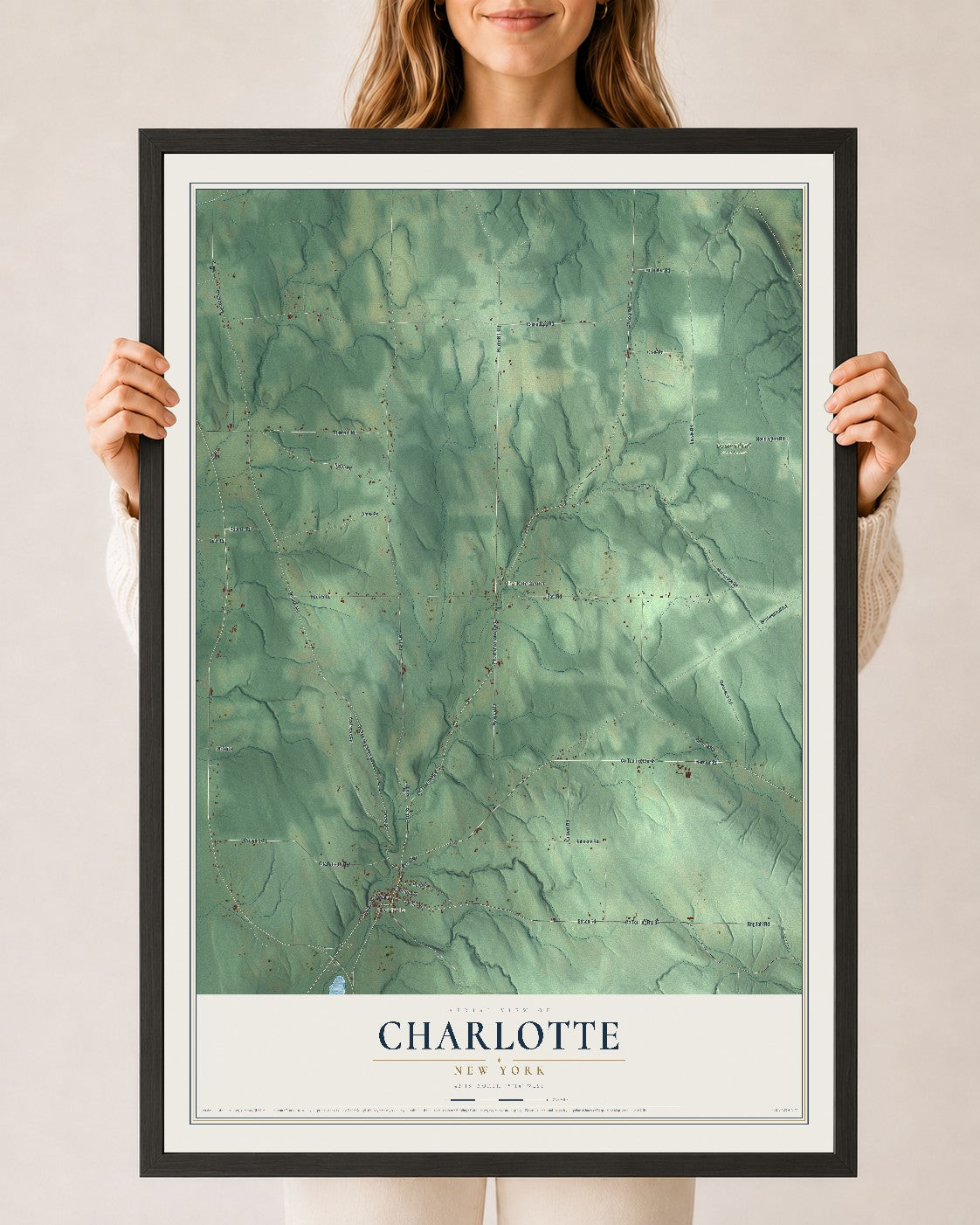 Charlotte, New York map print, 24" x 36" W/ Black Ayous Wood Frame mockup