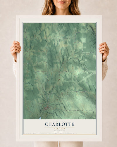 Charlotte, New York map print, 24" x 36" W/ White Ayous Wood Frame mockup