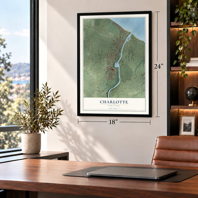 Charlotte, Rochester, New York map, 18 x 24 inch print in a black frame in a home office