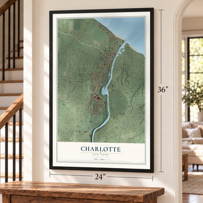 Charlotte, Rochester, New York map, 24 x 36 inch print in a black frame by a staircase