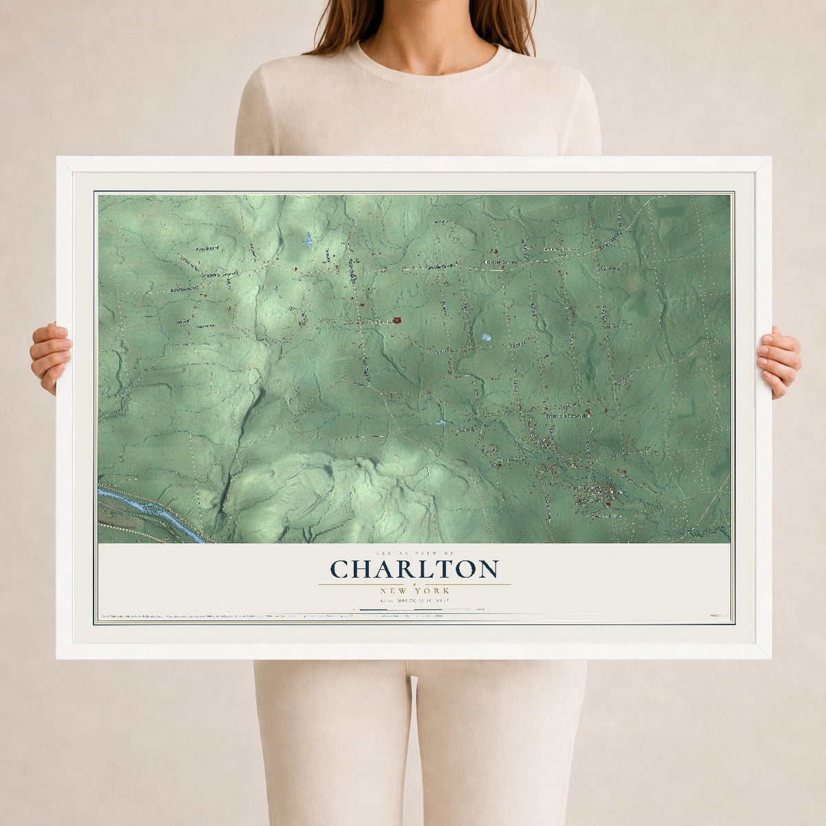 Charlton, New York map print, 24" x 36" W/ White Ayous Wood Frame mockup
