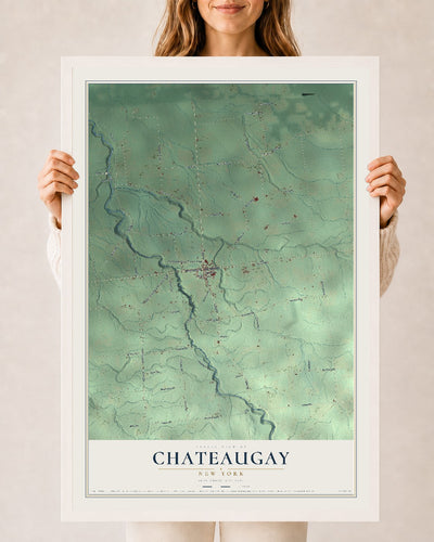 Chateaugay, New York map print, 24" x 36" W/ White Ayous Wood Frame mockup