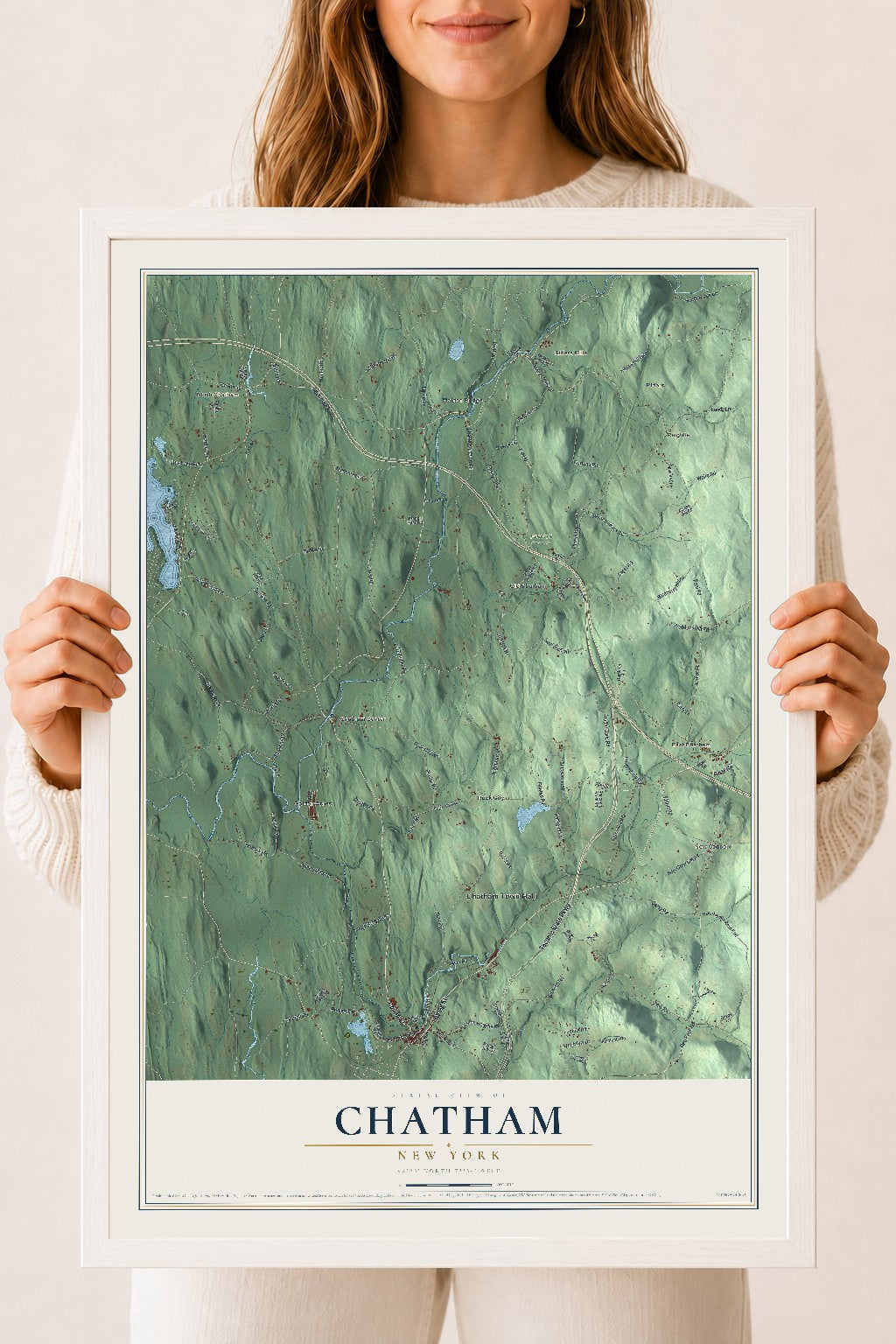 Chatham, New York map print, 18" x 24" W/ White Ayous Wood Frame mockup