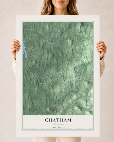 Chatham, New York map print, 24" x 36" W/ White Ayous Wood Frame mockup