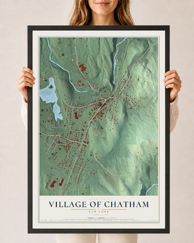 Chatham, New York map print, 24" x 36" W/ Black Ayous Wood Frame mockup