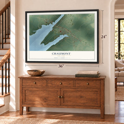 Chaumont, New York map, 24 x 36 inch print in a black frame above a dresser by a staircase