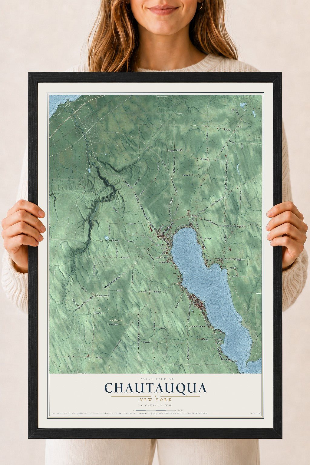 Chautauqua, New York map print, 18" x 24" W/ Black Ayous Wood Frame mockup