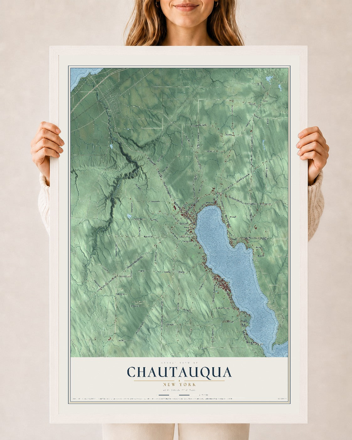 Chautauqua, New York map print, 24" x 36" W/ White Ayous Wood Frame mockup