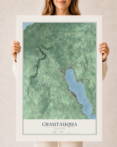 Chautauqua, New York map print, 24" x 36" W/ White Ayous Wood Frame mockup