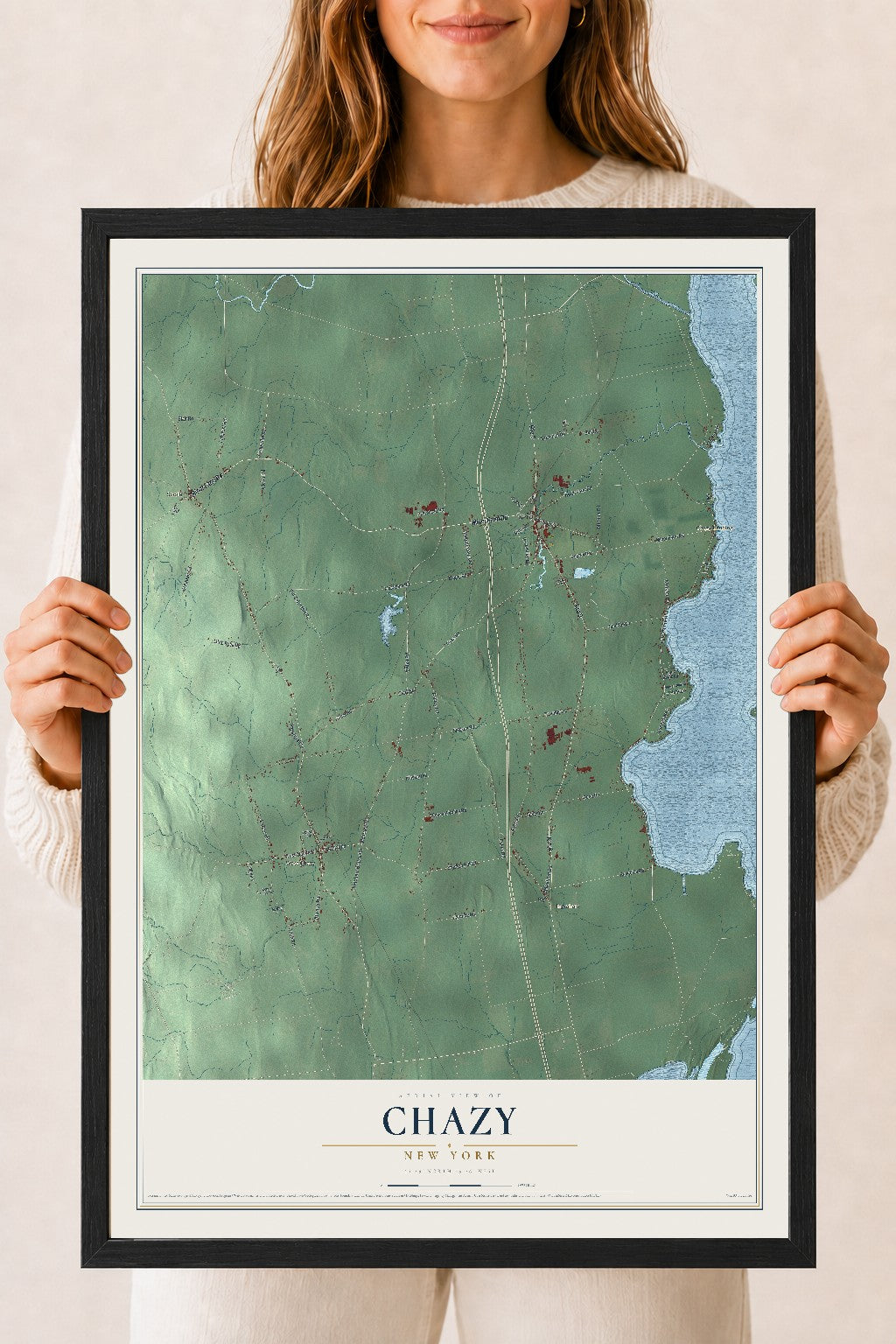 Chazy, New York map print, 18" x 24" W/ Black Ayous Wood Frame mockup