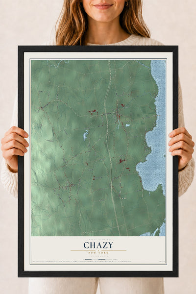 Chazy, New York map print, 18" x 24" W/ Black Ayous Wood Frame mockup