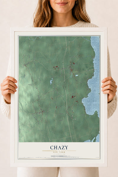 Chazy, New York map print, 18" x 24" W/ White Ayous Wood Frame mockup