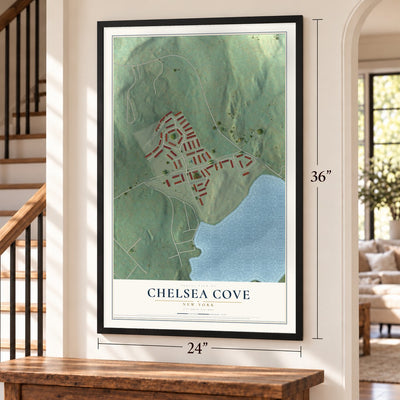 Chelsea Cove, New York map, 24 x 36 inch print in a black frame by a staircase
