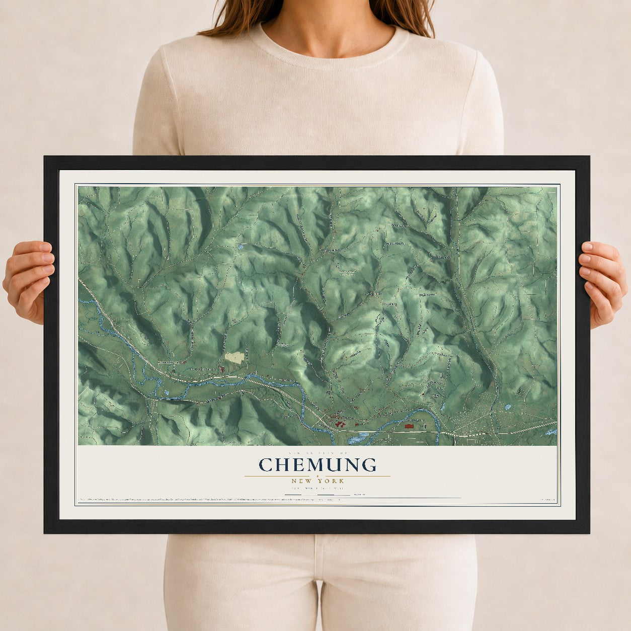 Chemung, New York map print, 12" x 18" W/ Black Ayous Wood Frame mockup