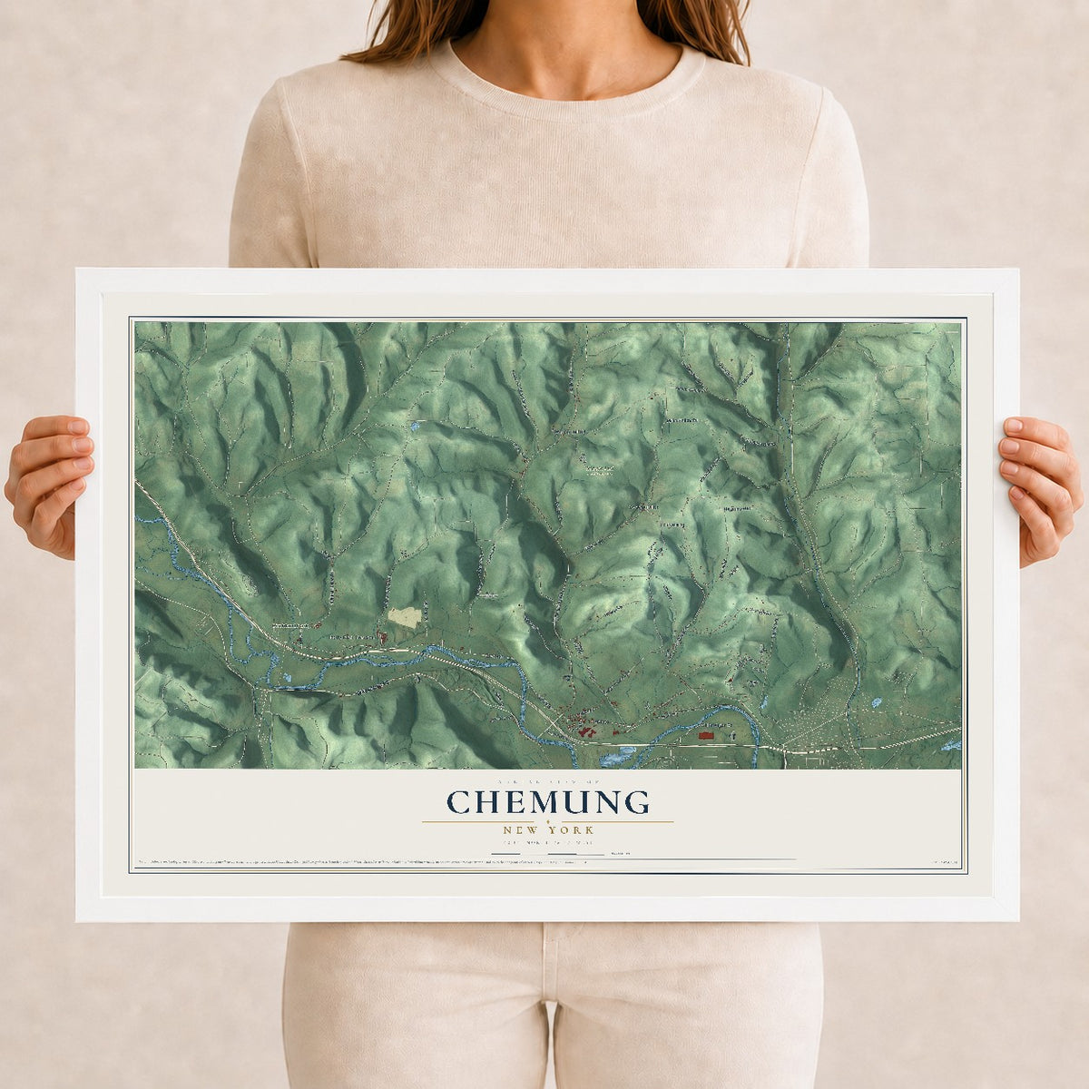 Chemung, New York map print, 12" x 18" W/ White Ayous Wood Frame mockup