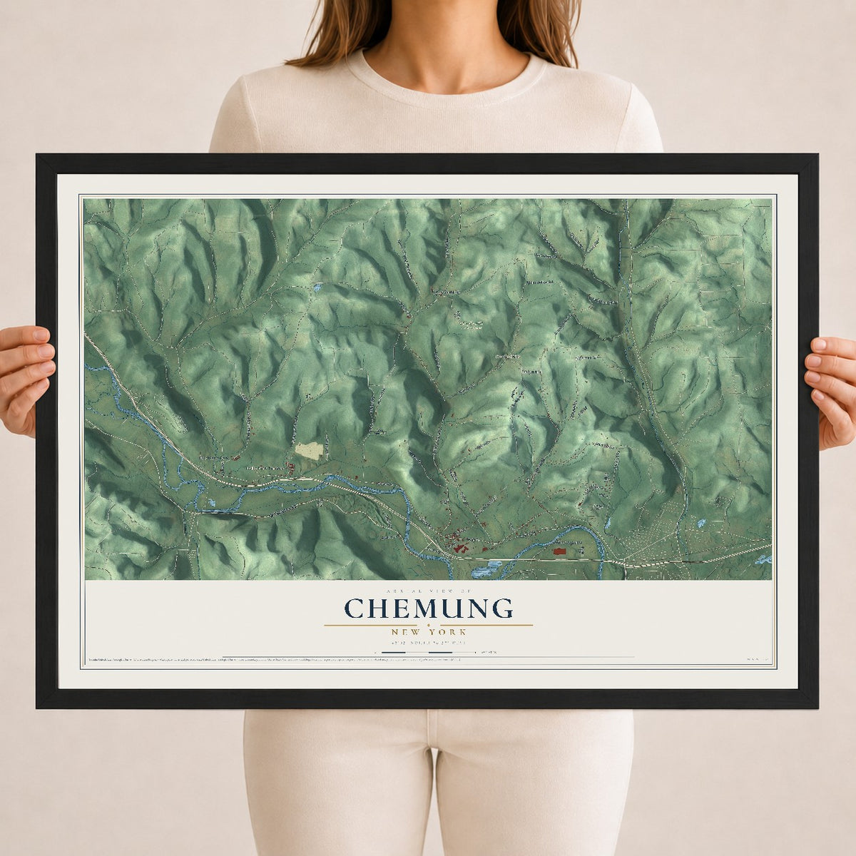 Chemung, New York map print, 18" x 24" W/ Black Ayous Wood Frame mockup