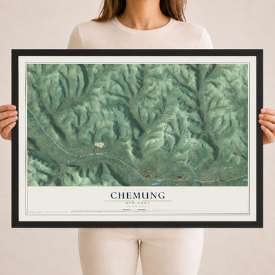 Chemung, New York map print, 18" x 24" W/ Black Ayous Wood Frame mockup