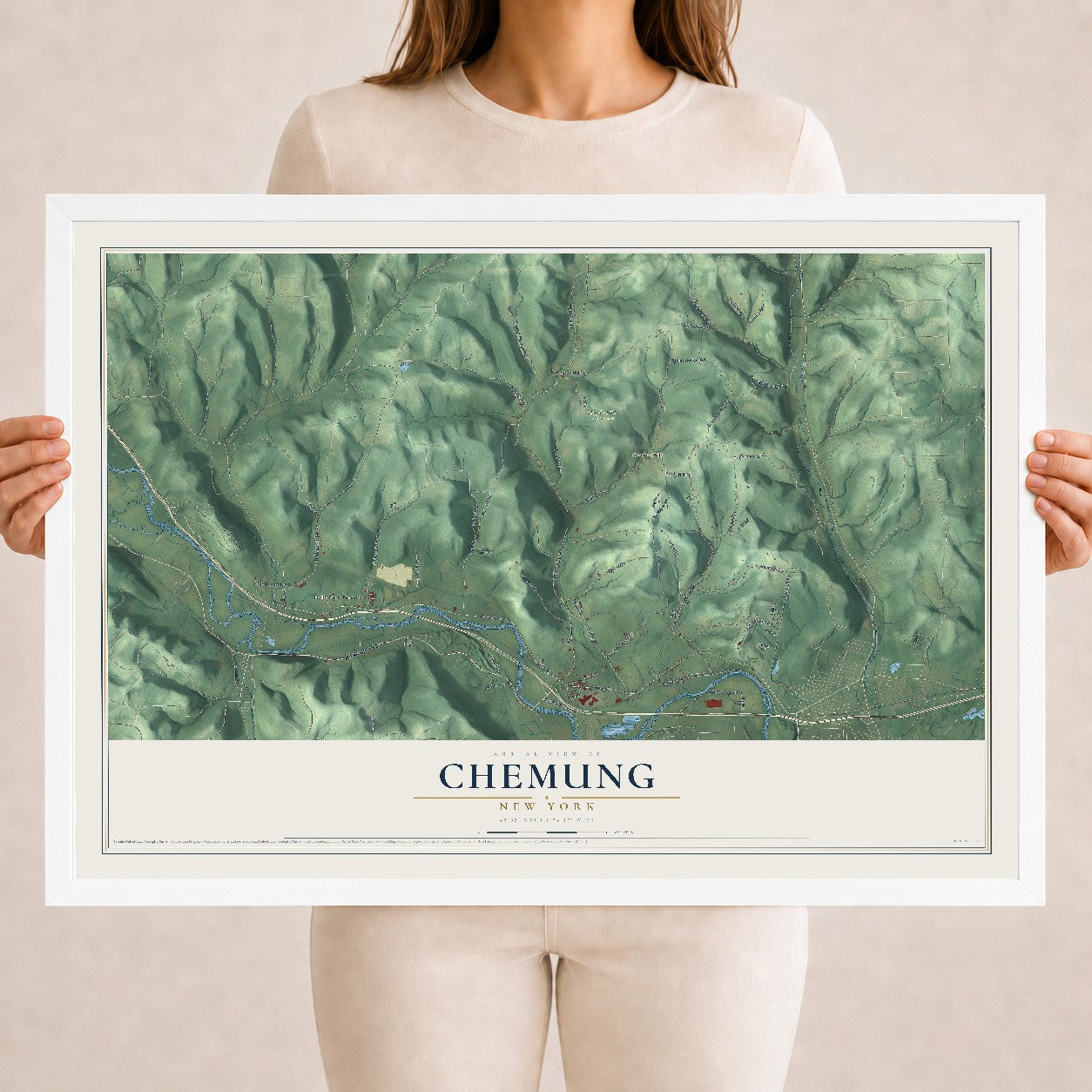 Chemung, New York map print, 18" x 24" W/ White Ayous Wood Frame mockup