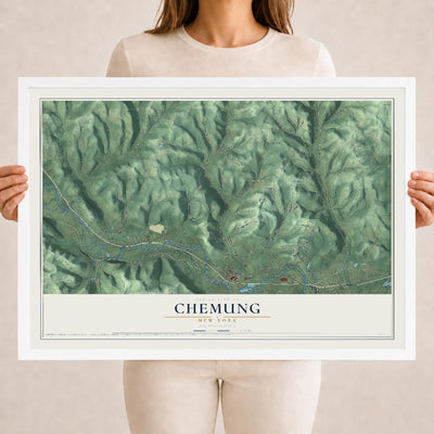 Chemung, New York map print, 18" x 24" W/ White Ayous Wood Frame mockup
