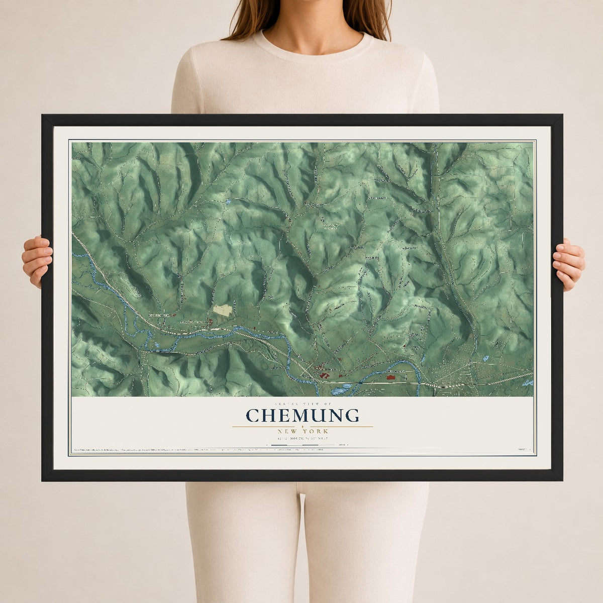 Chemung, New York map print, 24" x 36" W/ Black Ayous Wood Frame mockup