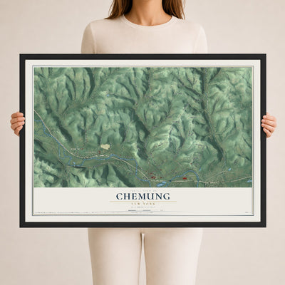 Chemung, New York map print, 24" x 36" W/ Black Ayous Wood Frame mockup