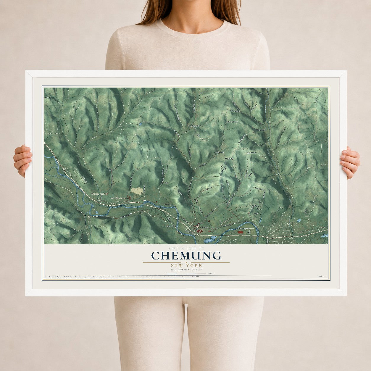 Chemung, New York map print, 24" x 36" W/ White Ayous Wood Frame mockup