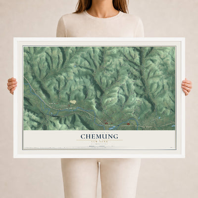 Chemung, New York map print, 24" x 36" W/ White Ayous Wood Frame mockup