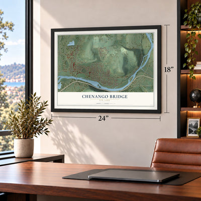 Chenango Bridge, New York map, 18 x 24 inch print in a black frame in a home office
