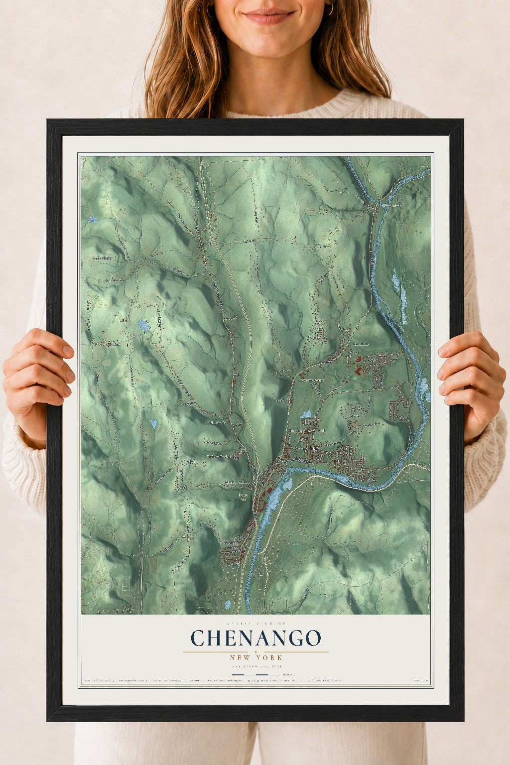 Chenango, New York map print, 18" x 24" W/ Black Ayous Wood Frame mockup