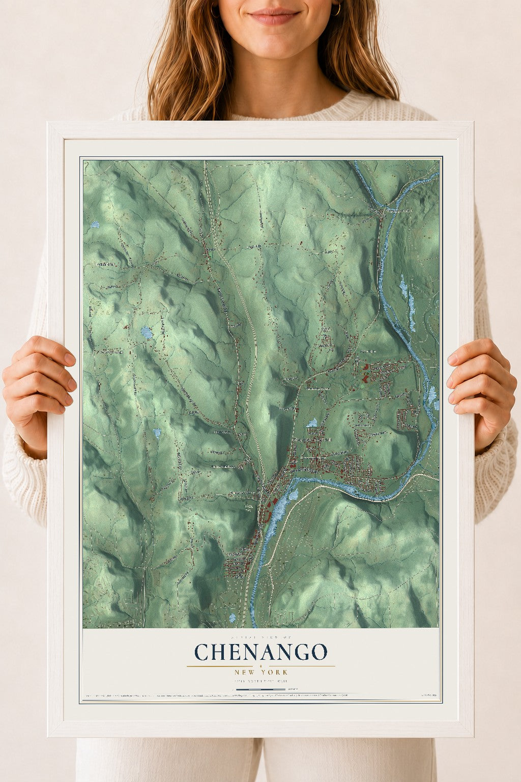 Chenango, New York map print, 18" x 24" W/ White Ayous Wood Frame mockup