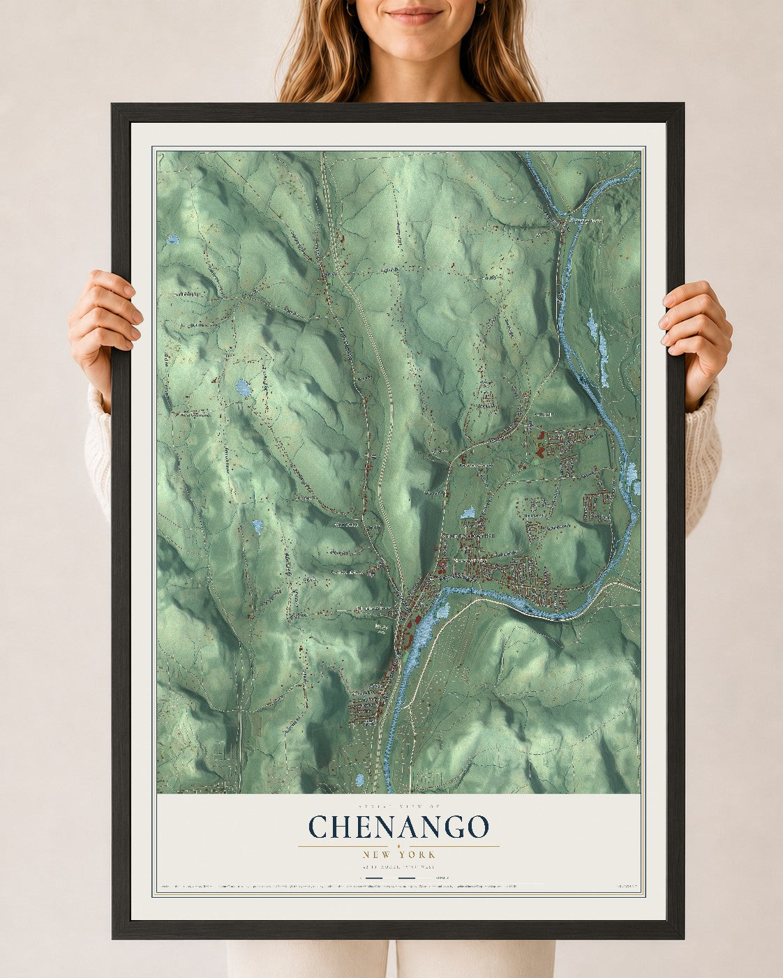 Chenango, New York map print, 24" x 36" W/ Black Ayous Wood Frame mockup