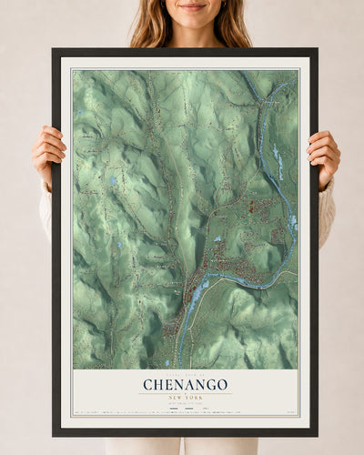 Chenango, New York map print, 24" x 36" W/ Black Ayous Wood Frame mockup
