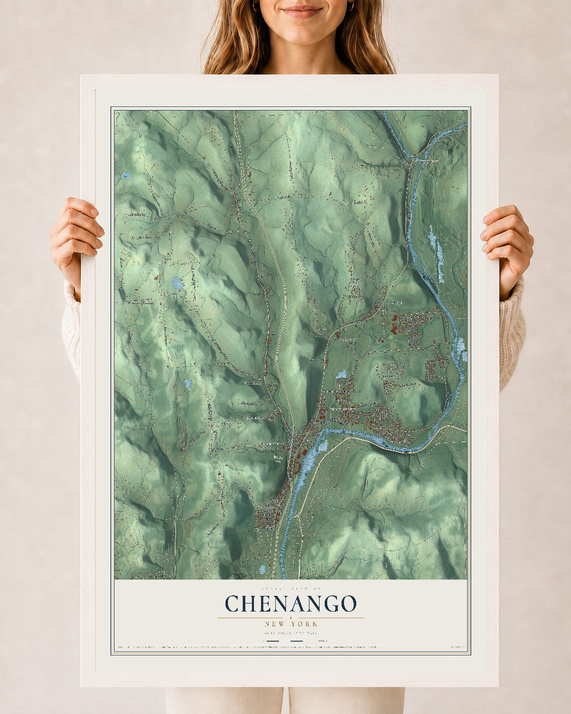 Chenango, New York map print, 24" x 36" W/ White Ayous Wood Frame mockup