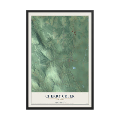 Cherry Creek, New York map print, 12" x 18" W/ Black Ayous Wood Frame mockup