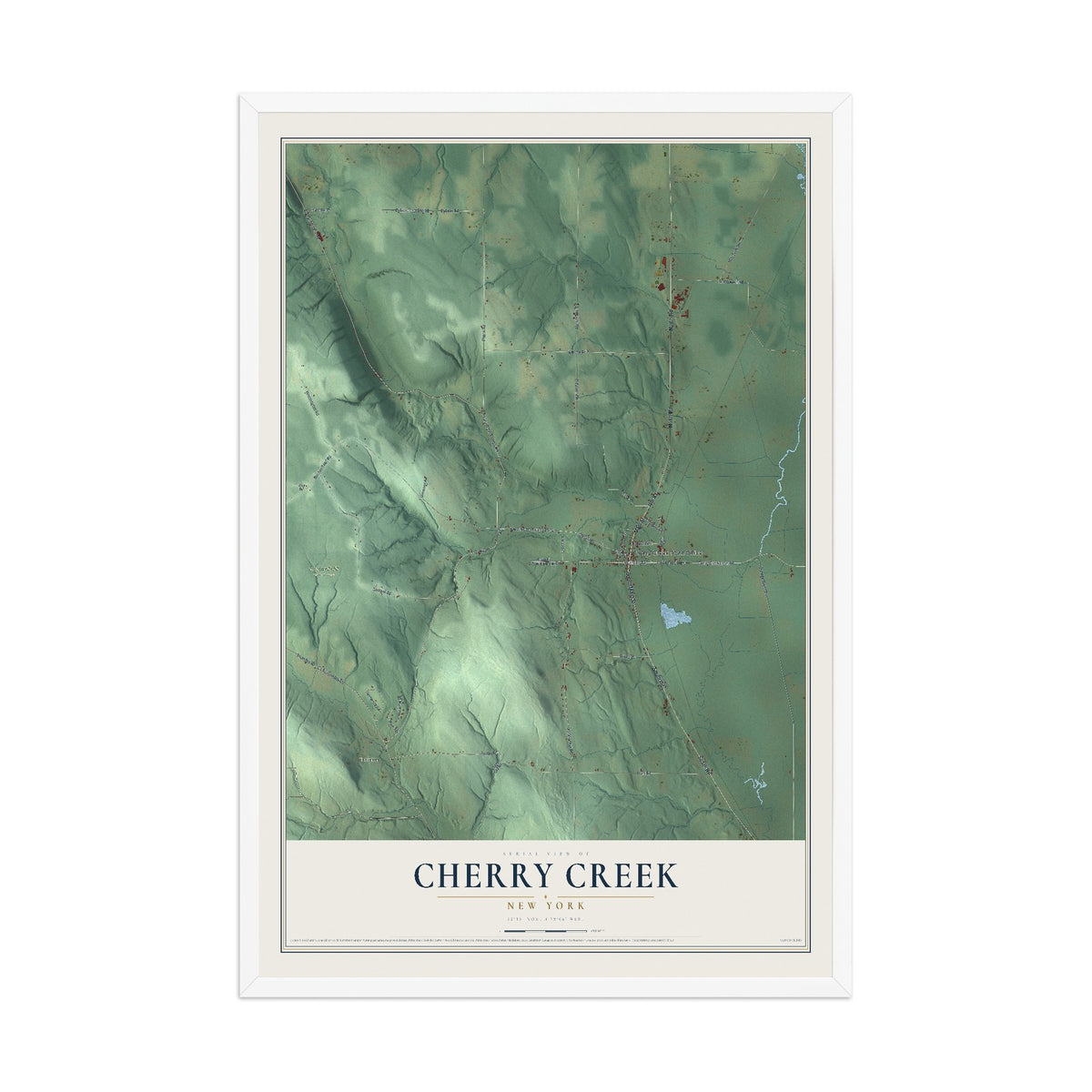 Cherry Creek, New York map print, 12" x 18" W/ White Ayous Wood Frame mockup