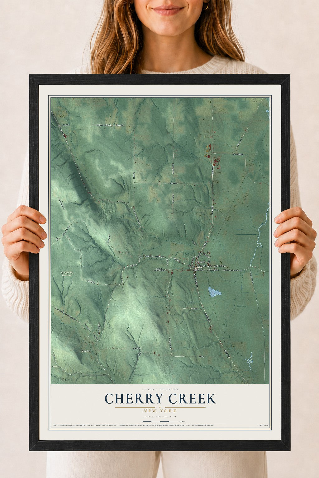 Cherry Creek, New York map print, 18" x 24" W/ Black Ayous Wood Frame mockup