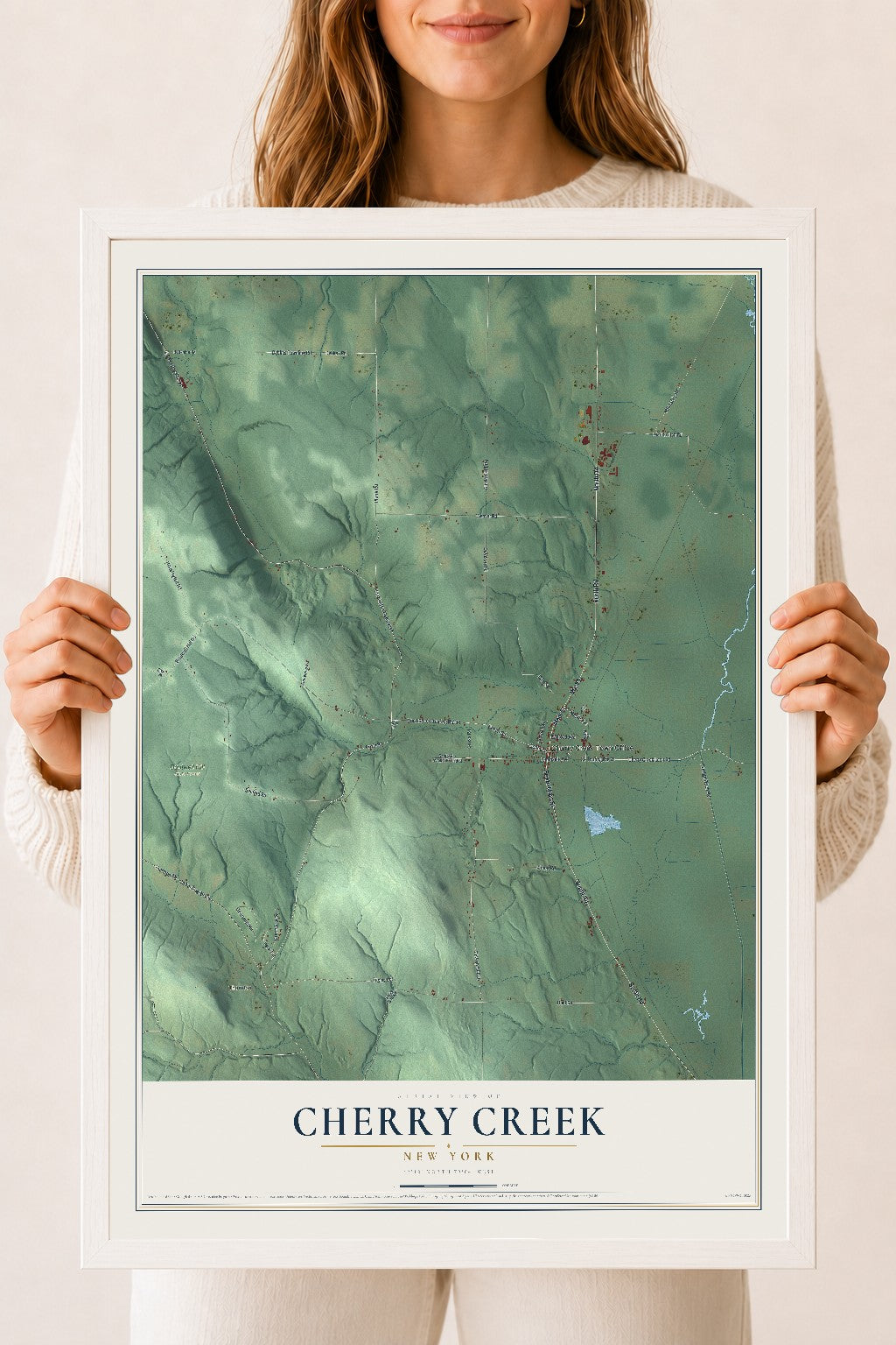 Cherry Creek, New York map print, 18" x 24" W/ White Ayous Wood Frame mockup